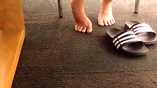 Candid College Library Asian Chick Adidas Slides Feet Airing
